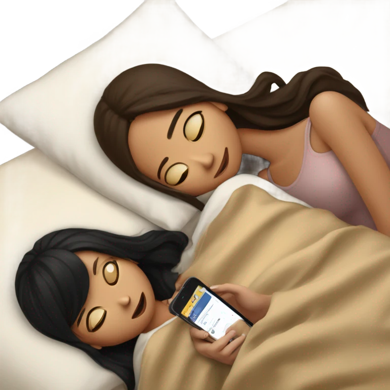 girl with long brown hair and girl with short black hair on their phones laying in a bed with a beige comforter  emoji