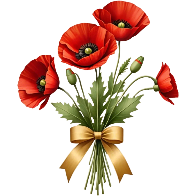 A bouquet of vibrant red poppies tied with a golden ribbon, vintage style, soft warm lighting, delicate details, aged paper background. emoji
