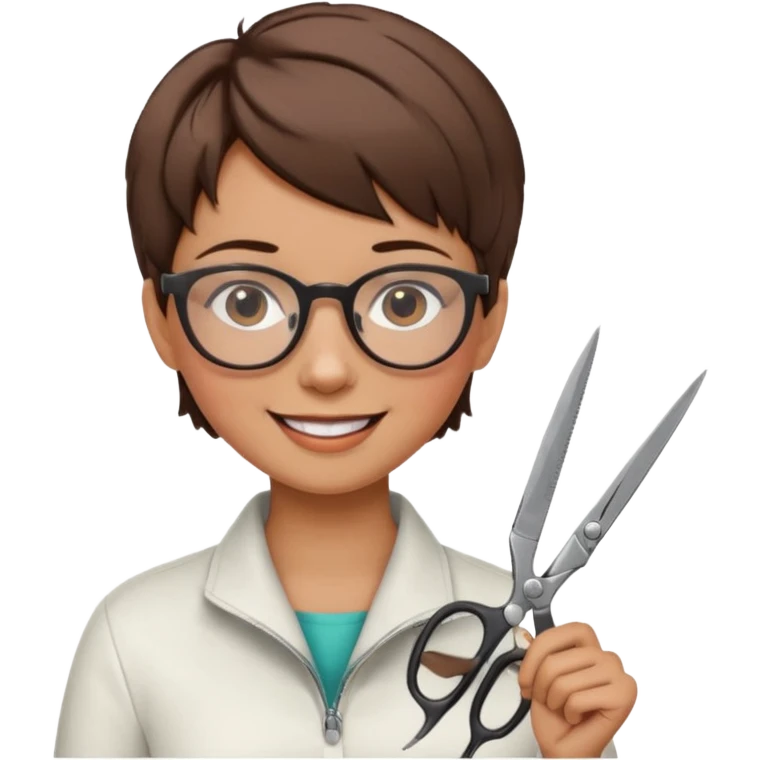 Happy woman with very short hair and glasses having haircut  with scissorsemoji emoji