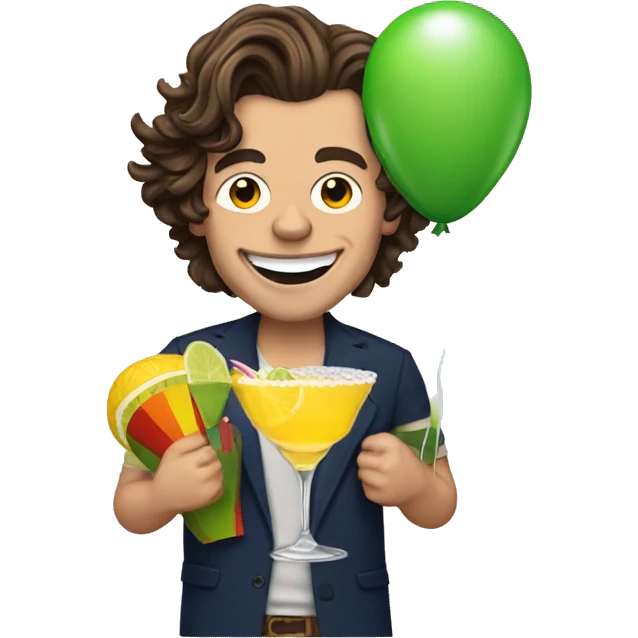 harry styles with a birthday hat holding a margarita and a balloon emoji