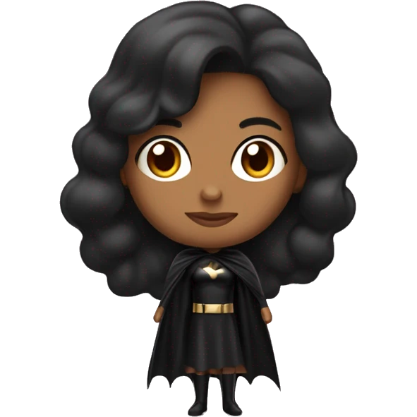 Mujer morena con un vestido negro y cabello crespo , con capa de  super heroe emoji