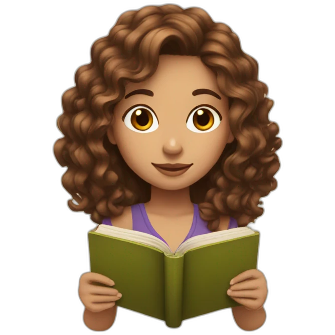 Girl with brown wavy hair and à book emoji