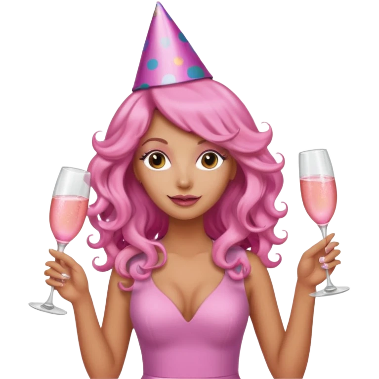 One lady with long pink curled hair and tan skin holding a glass of  pink champagne in each hand emoji