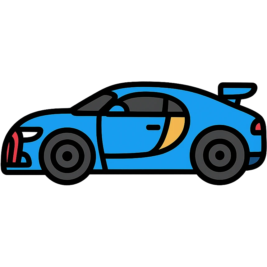 Bugatti car, sleek and luxurious, bold black outlines, vibrant blue color, color icon style emoji