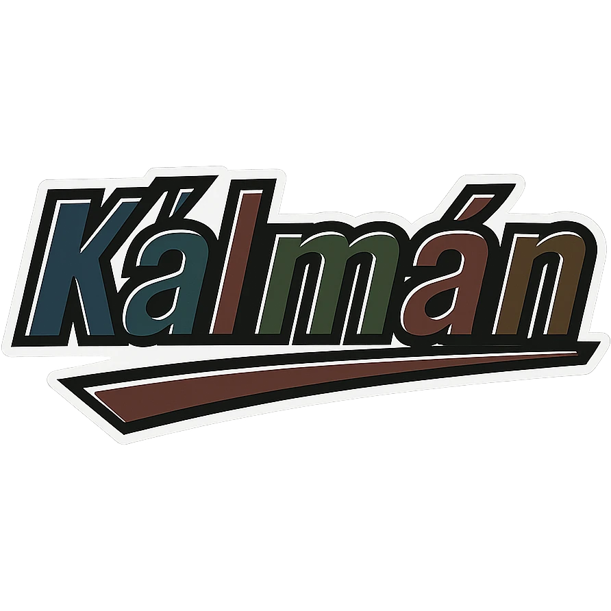 Text image of the name 'Kálmán' in a masculine, modern, gradient font with precise Hungarian characters, dark contour, prominent and clearly visible white border as in sample images, dynamic slanted underline, masculine color shades including blue, gray, burgundy, green, and brown, 1000x1000 px, PNG, transparent background. emoji