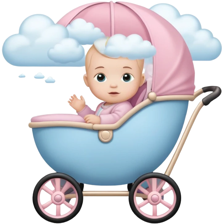 baby sitting in pink and beige stroller with pastel blue clouds around it emoji