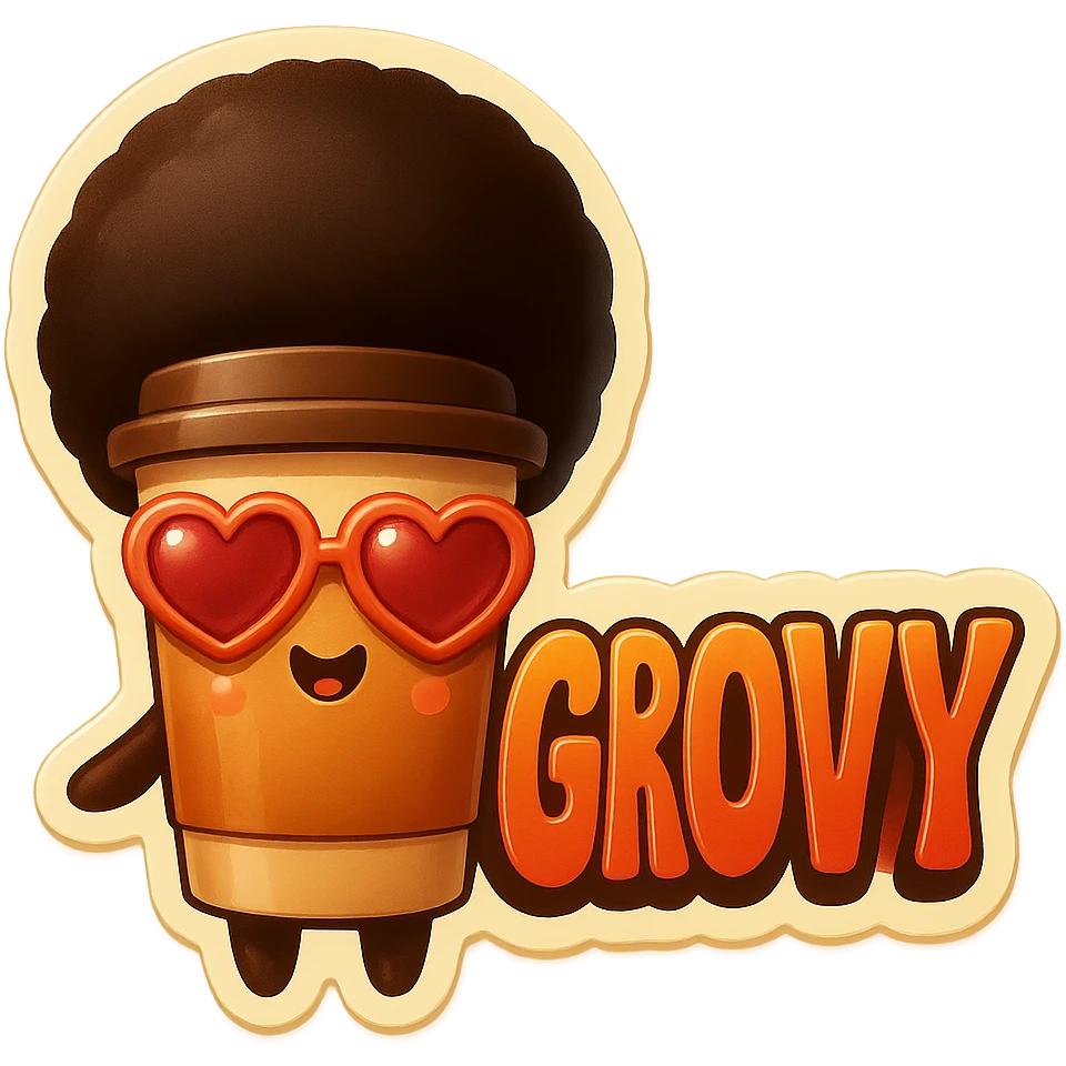 Tall coffee cup, no mouth, afro, heart glasses, giant groovy sign emoji