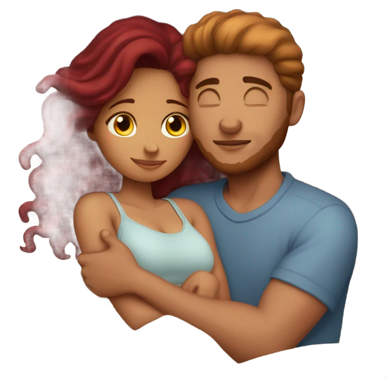 Burgundy haired girl and boyfriend cuddling in bed emoji