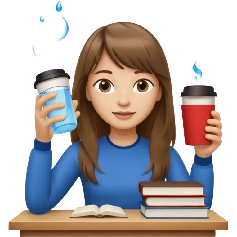 a designer with light skin long brown hair bangs waving, stack of books, coffee cup on top, water bottle  emoji