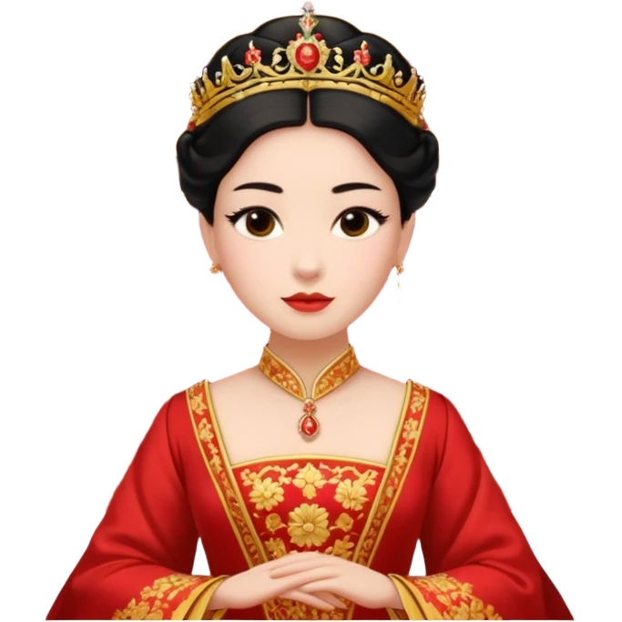 background is UK queen sitting in a Imperial Chinese palace building with red walls, golden roof decorations emoji