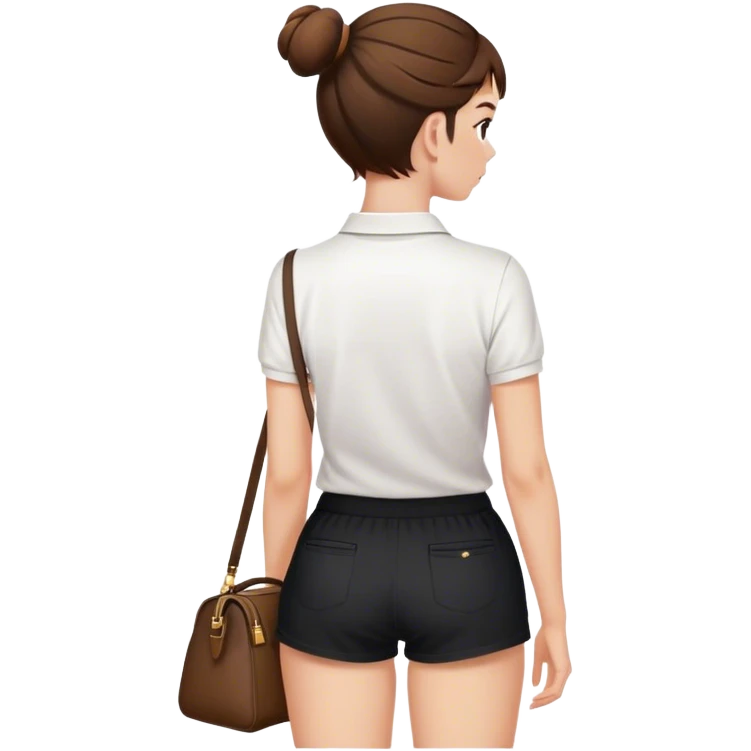 pretty girl back view white polo black shorts brown hair in a bun, white bag emoji