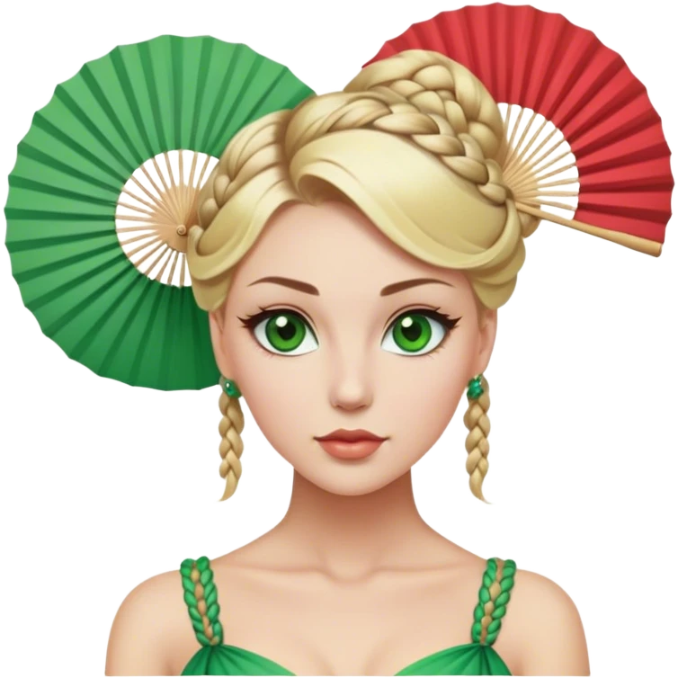 lady with Pale complexion, sharp features, high cheekbones, Blonde hair, usually styled in braided updo, green eyes accessorized with a decorative fan emoji