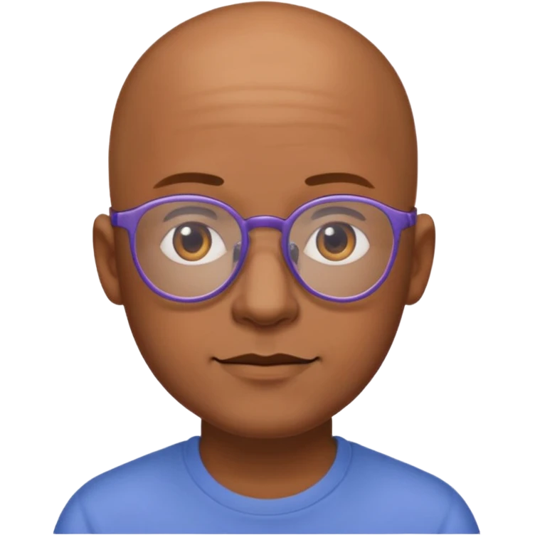 expressive Twitch emote of a cartoon-style character in an emoji-like art style. Bright colors, outlined, transparent background. Use the following face: male person in their early 30s, brown skin, bald, with glasses and a gentle face. emoji