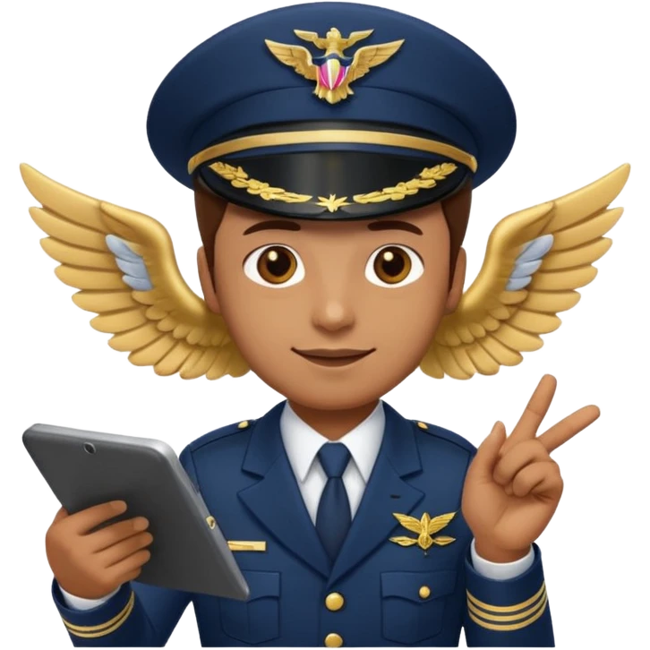 Slack-style emoji of a pilot wearing a navy captain hat with gold wings, pointing at a tablet or checklist with one hand, other hand ready or slightly raised, confident and attentive expression emoji
