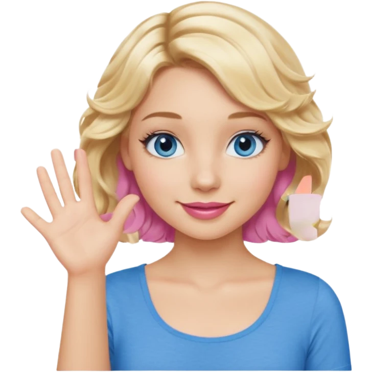 Girl Blonde short wavy hair,  blue eyes, cute blue top, long lashes, pink lips, smiling, one hand palm up side ways  emoji