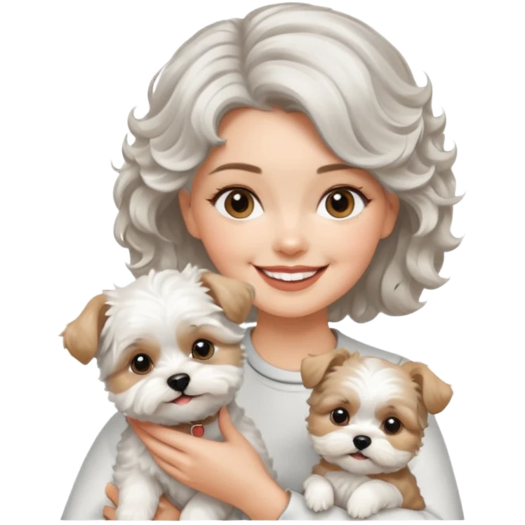 silver, short, wavy-haired with loose curls, smiling pretty lady holding a white west highland terrier dog and a white and tan shih tzu dog emoji