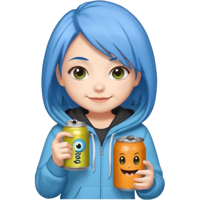 Chibi sticker of a woman with powder blue hair with white eyes hold a can of Monster with a smug smile; cozy style emoji