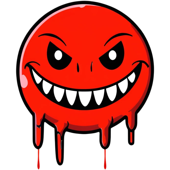 Evil smiley face with sharp teeth and blood dripping down, horror themed emoji