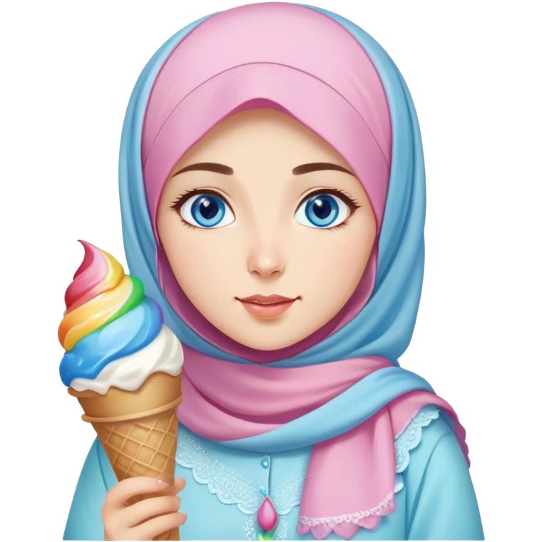 Turkish beautiful finish Konya girl blue eyes with ice cream pastel hijab islamic dress and had on her hand rainbow ice cream  emoji