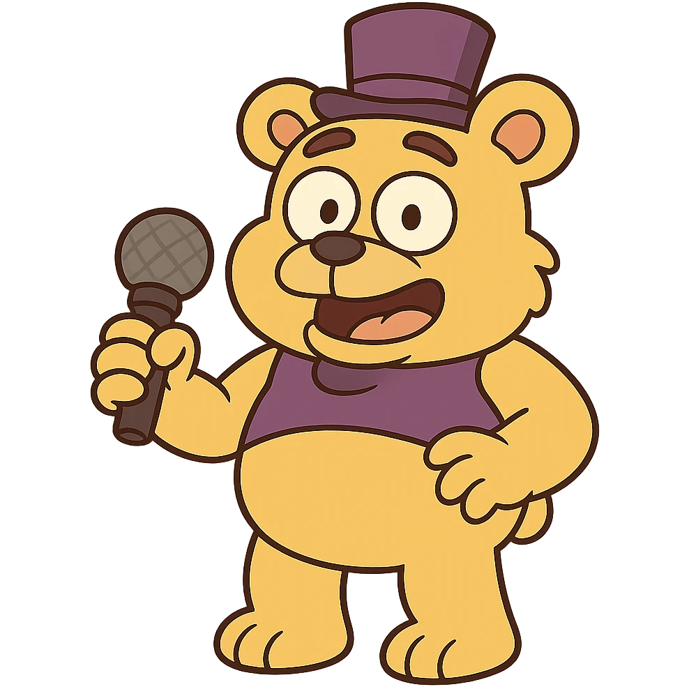 yellow bear plushy with a purple top hat and a mic emoji