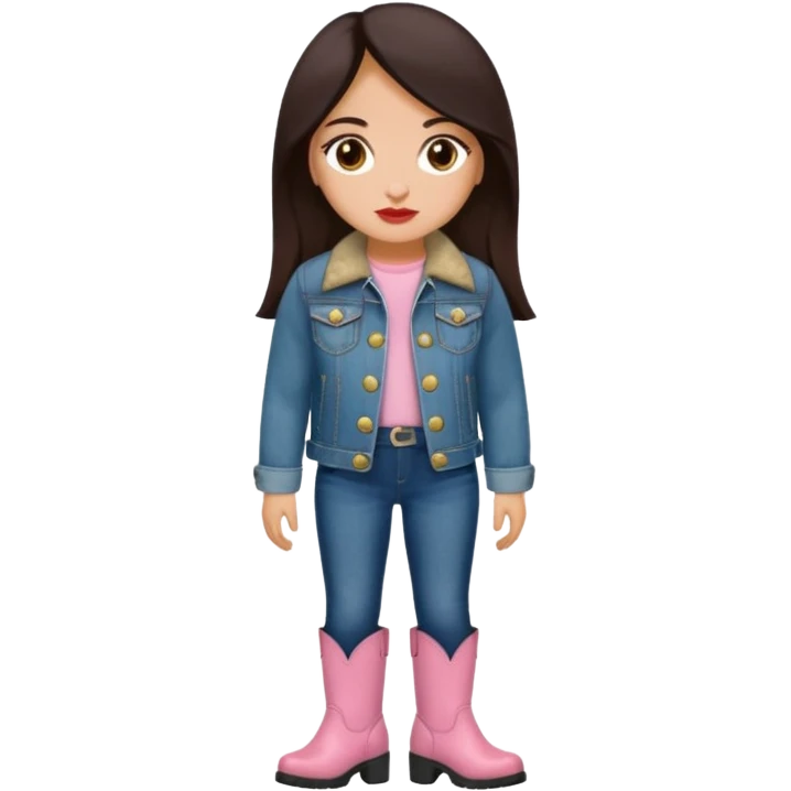 Gordita, ojos pequeños de color cafe oscuro, labios pequeños y rosados, piel trigueña, orejas pequeñas, cabello largo lazio y negro, pequeña. cuerpo completo. vestida con saco jean y botas emoji