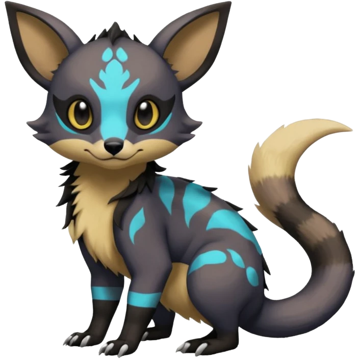 Rare exotic cute epic aesthetic gothic colorful Salandit-Eevee-Civet-species-Fakemon-hybrid-creature, with markings, full body emoji