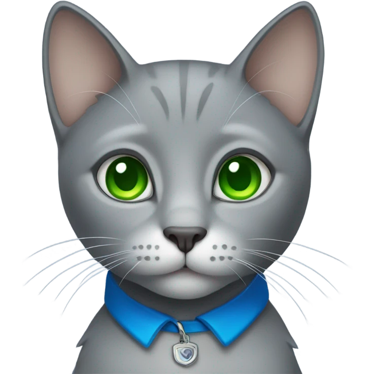 Grey cat with green eyes and blue color emoji