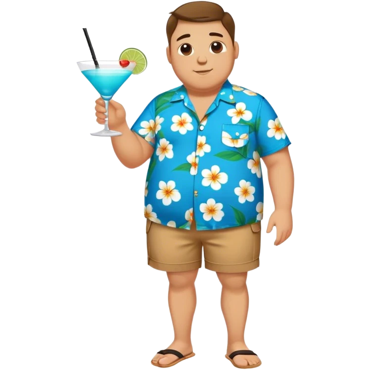 chubby guy full figure in a flowered azure havai shirt, brown shorts and flippers holding a cocktail emoji