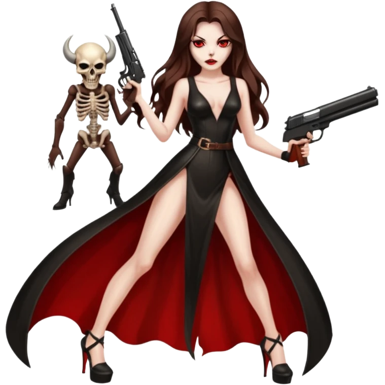 Lilith symbol red eye seductress evil long brown haired sexy succubus woman with leather long dress with slit on, sitting in Big Large F350 pickup truck. Platform long high heels on feet. Back seat full of stacks of cash, she is  Holding a human skull of her enemies and a gun in other hand emoji