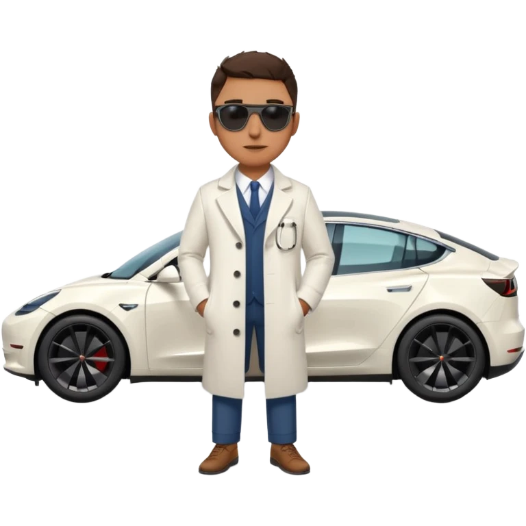 White tesla model 3 with a cool physician with sunglasses next to it emoji