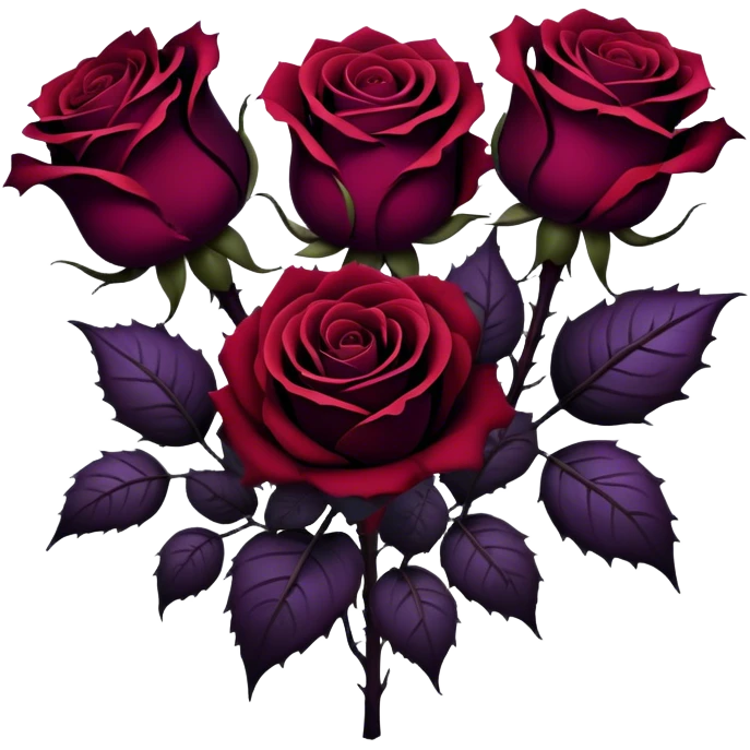 A surreal bouquet of Gothic roses, their petals drenched in dark purple hues, from black-red to rustic tones, glowing against a dark, misty backdrop. The air is heavy with an eerie, romantic atmosphere, as if the flowers hold secrets of the past.
 emoji