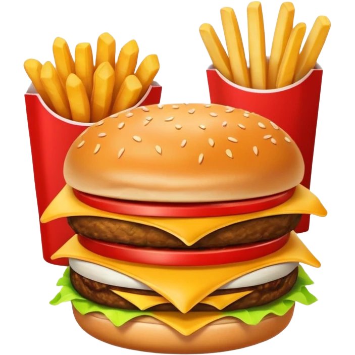 A clean and simple icon of fast food in emoji-style illustration. A burger with fries, nuggets and shawarma, bright and bold colors, simple shapes, flat design, high contrast, inviting and appetizing. emoji