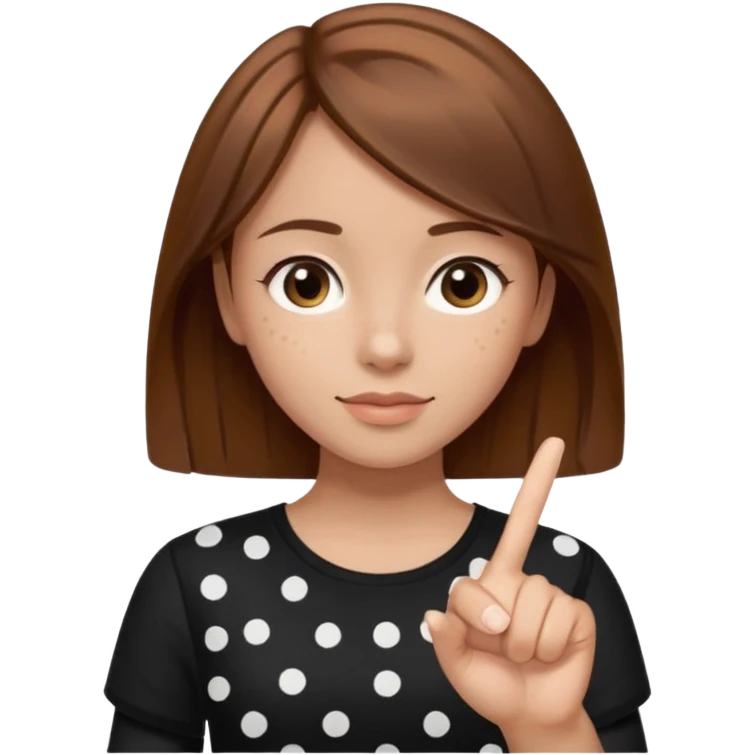 girl wearing a  black polka white dots  shirt style, and poiting witgh her hand, her hair brown  emoji