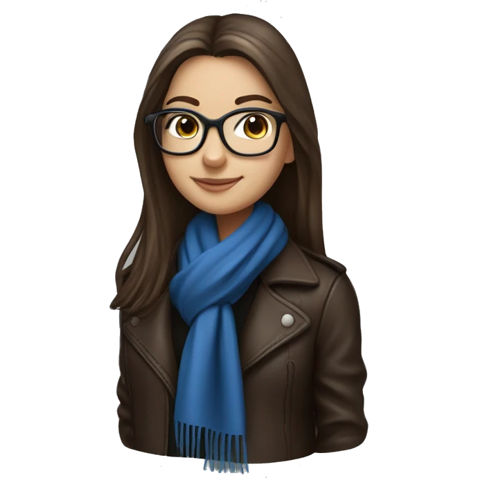 Slavic girl with long straight brown hair, fair skin, dark brown eyes, smile, black glasses, wearing a blue scarf around her neck and a leather jacket. emoji