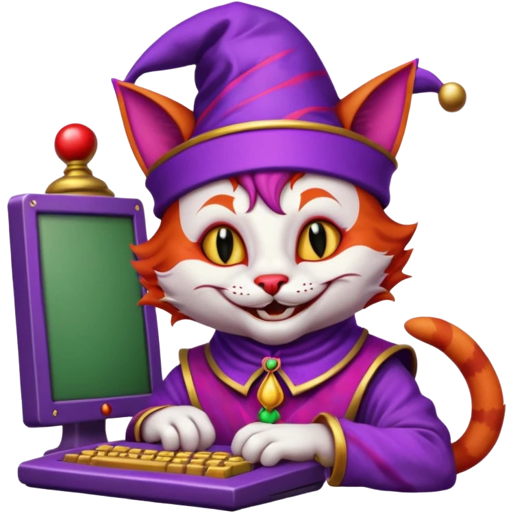 crazy colorful cute little cat jolly joker from poker, medieval, vintage, court jester, mac os icon, purple and red color, half body. The cat is inside a retro computer terminal emoji