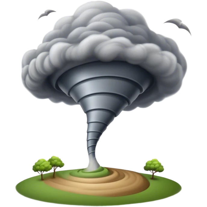 Cinematic Realistic Tornado Emoji, Spiraling fiercely, with dark swirling clouds that twist and stretch downward in a funnel shape. The winds whip up debris as the tornado roars across the landscape, leaving a trail of awe and fear. Soft glowing outline, capturing the essence of wild force and unpredictable power in a mighty tornado! emoji
