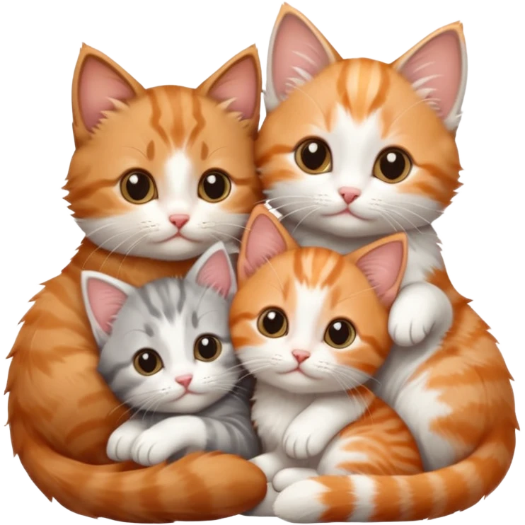 3 tiny kittens cuddling together all different colours, the first one is grey and white, the second is ginger and white and the third is brown tabby and white emoji