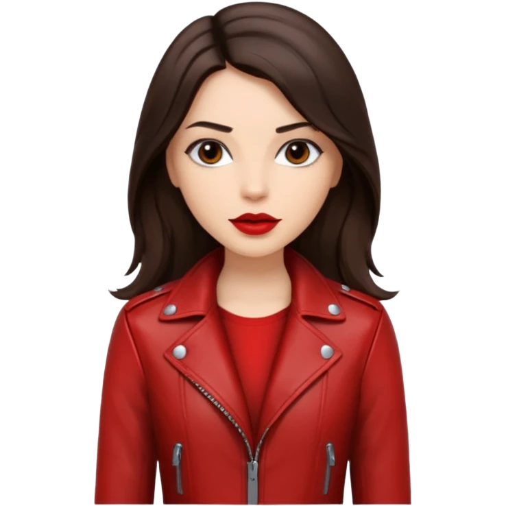 brunette with long hair in cuir jacket with red lips and black brown eyes emoji