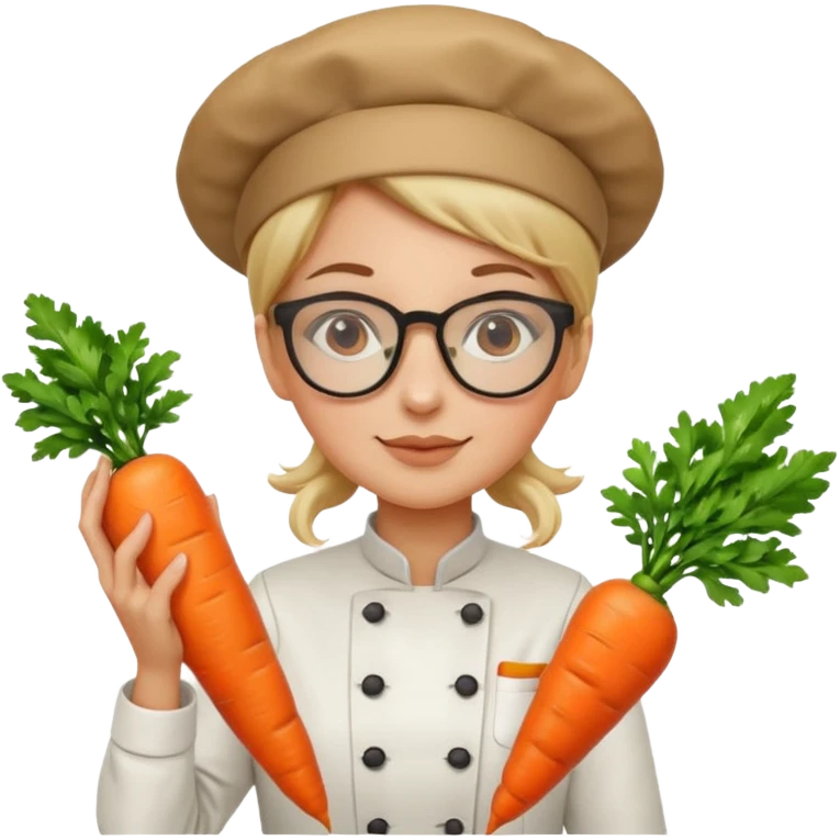 female italian chef, uniform, wearing glasses, holding carrot emoji