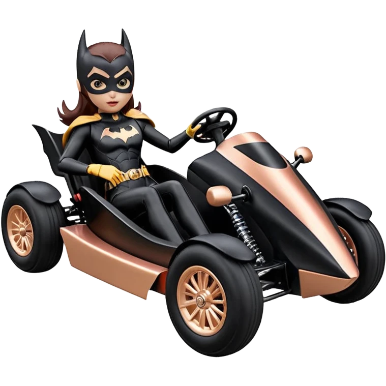 Hot full size real size-appearance electric road racing sexy BatGirl’s feminine midnight-colored tight outfit sixty’s tv show inspired dark stealthy sporty safe plush deluxe off-road pursuit cruiser car rose gold accents (black hair,reclined and relaxed torso and shoulders seating position) go kart  emoji
