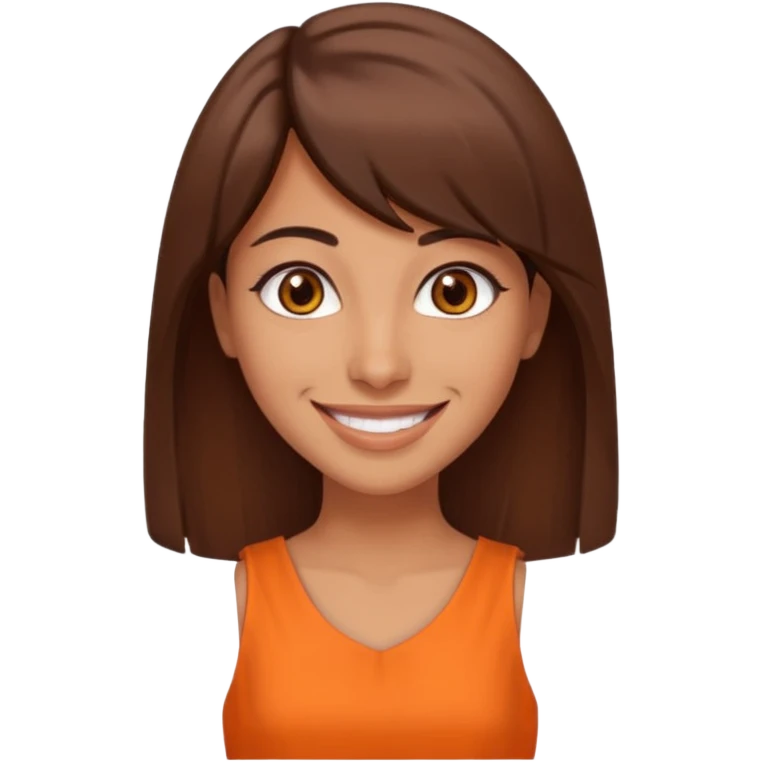 30 yr old middle eastern woman straight brown hair side bangs big smile tanned skin brown eyes orange dress emoji