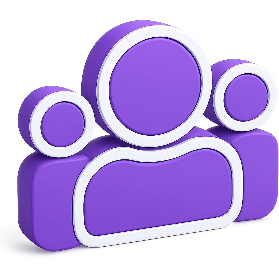 Remove all orange fills and use only the purple color #7f0ddb as the base color for the silhouette of three people with 3D effect, including border and volumes. Keep the background transparent. emoji