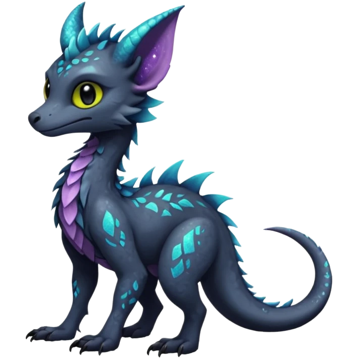 Feral Rare Fantasy Darkg gothic spooky  sparkly shiny Draco-Vernid-Trico-species by LiLaiRa, random markings, tufted tail, tufted ears, full body emoji