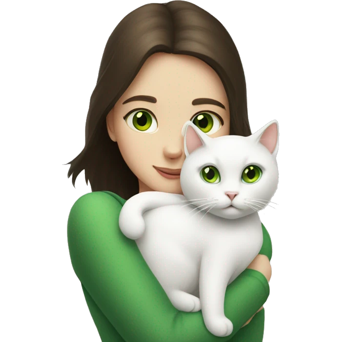 A white cat in the arms of a brunette girl with green eyes emoji