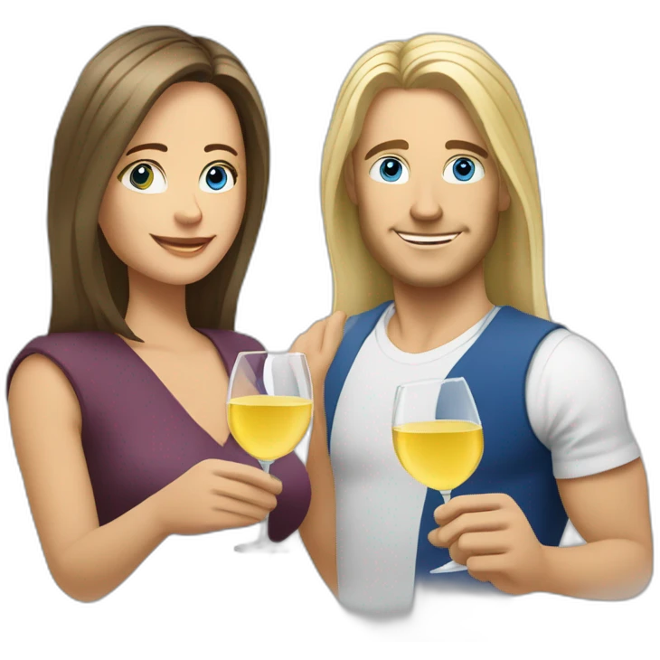 A white woman, she has brown eyes and blond medium long hair. A white man, he has blue eyes and grey hair. They toast to each other with a glass of white wine. emoji