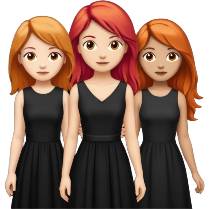 Can you create an image of 3 friends together one with red bright hair light skin one the other with brown hair with some blonde highlights in the hair fair skin the last one with light brown a tint of orange hair and black long hair with brown with dresses dark hair on one emoji