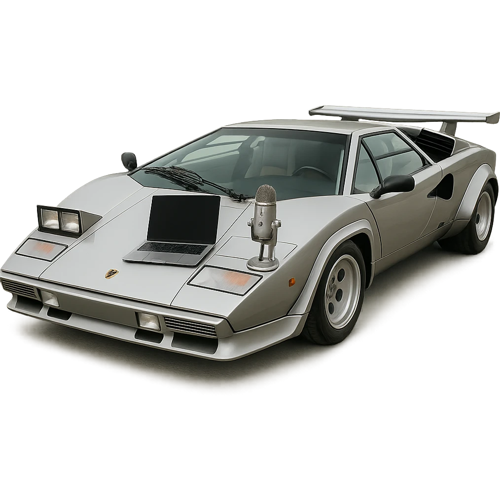Lamborghini Countach with a laptop and recording microphone on the hood emoji
