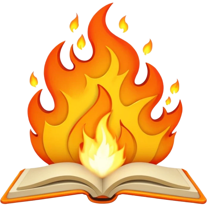 open notebook with rising flames above emoji