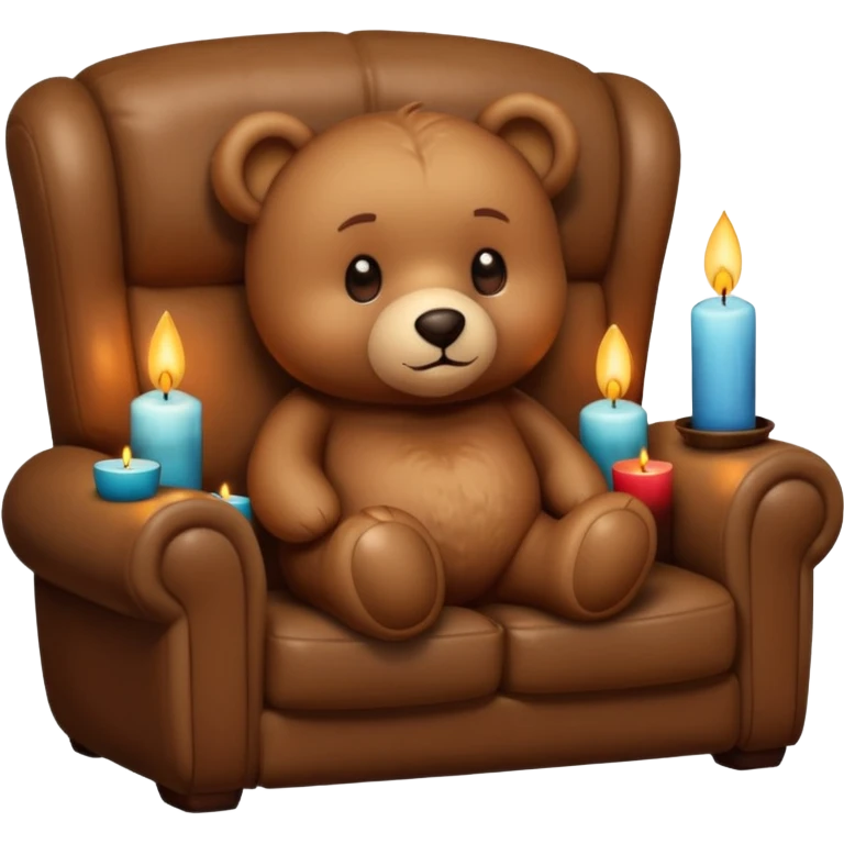 Cozy teddy bear watching tv on couch with candles on emoji