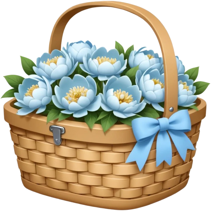 White Picnic basket with light blue bow and white peonies inside emoji